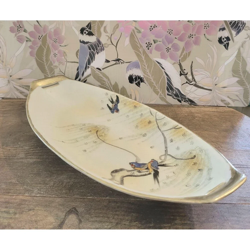 SK Nippon Japanese Porcelain Blue Birds Branch Hand Painted Celery Dish - 1930s
